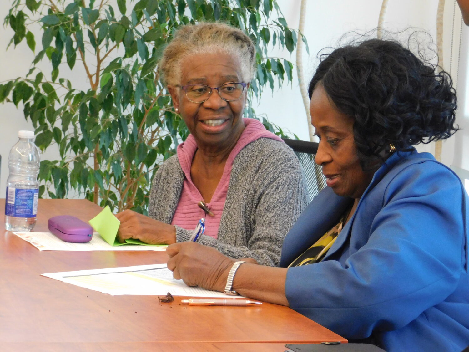 Two senior women of African American* descent. It’s a candid photo as neither woman seems to be aware of the camera. The one on the left has glasses and is wearing a pink sweater with a grey cardigan over it. The woman to the right is wearing a blue blazer and has a silver watch on her left wrist.